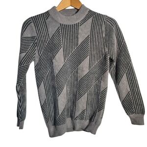 Vtg Geometric Pattern Mock Neck Sweater Striped Fuzzy 90s Ski Nuetral Medium